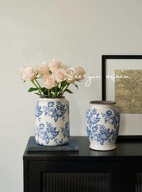 新中式高级感复古青花瓷陶瓷花瓶客厅仿古冰裂纹插花家居装饰摆件