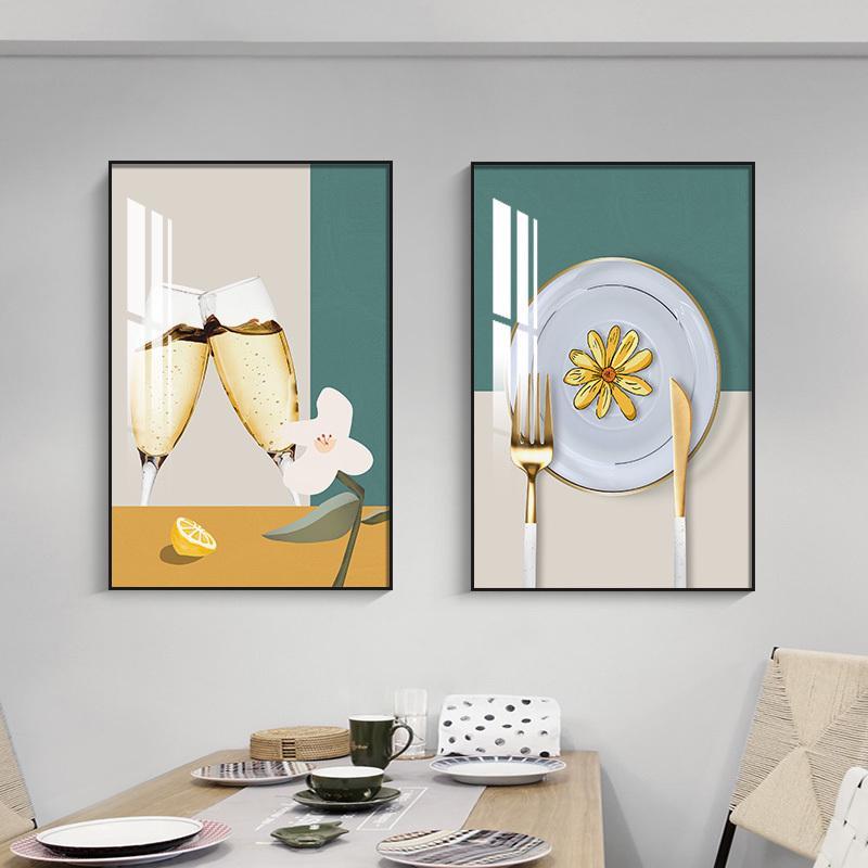 餐厅装饰画北欧饭厅挂画创意酒杯餐桌墙面两联画现代简约晶瓷壁画图片