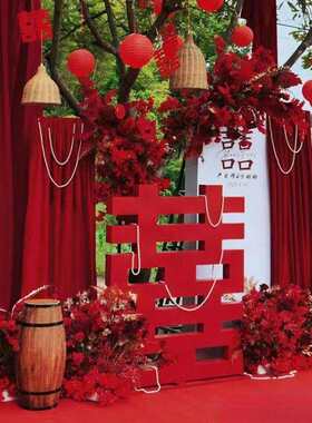 婚庆金丝绒装饰纱幔背景背景布幔宝宝周岁订婚背景纱幔红色布置