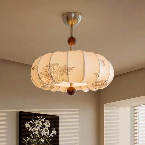 法式复古风卧室吊灯布艺花纹中古餐厅南洋实木侘寂风温馨房间主灯