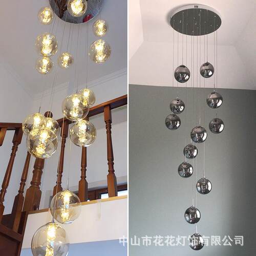 水晶玻璃楼梯长吊灯现代简约北欧别墅大气客厅灯饰旋转复式楼吊灯