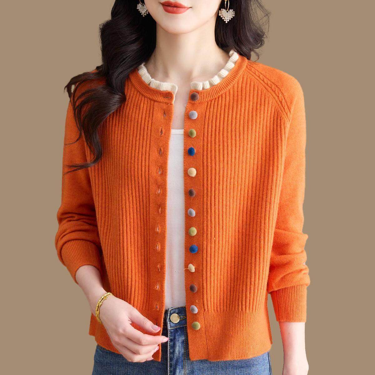 木耳边圆领羊毛针织开衫女短款春秋装气质妈妈毛衣外套单排扣上衣