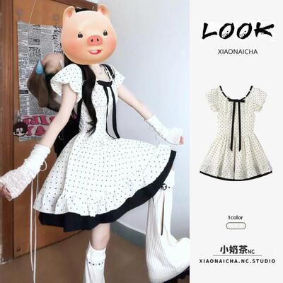 甜美风方领波点泡泡袖洋装女夏季新款小个子时尚掐腰显瘦短裙子