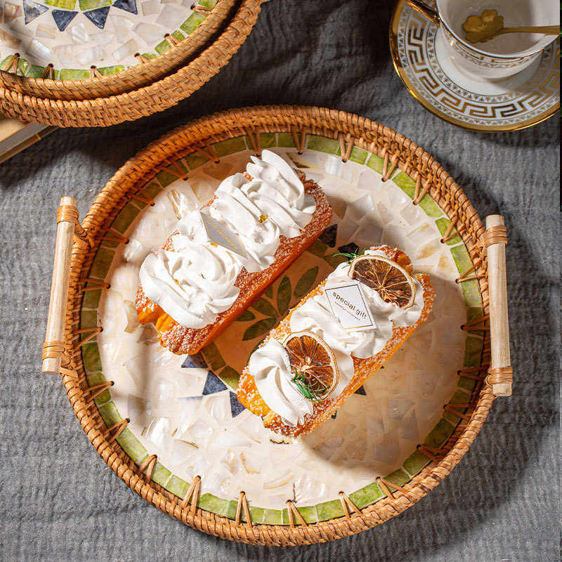 东南亚进口手工竹编托盘家用茶点水果糕点圆形带把手竹编小竹篮,餐饮具,餐用托盘,淘宝优惠券,粉丝福利购,淘宝优惠卷