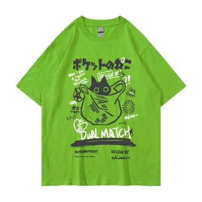 Hip Hop T-Shirt Men Sreetwear Japanese Kanji Funny Cat Print