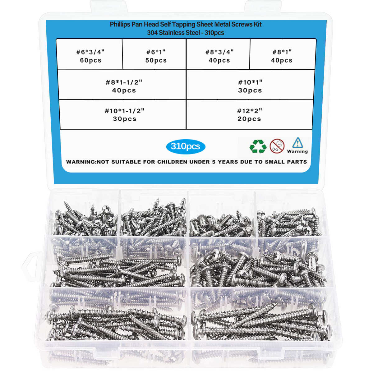 310pcs304不锈钢GB845#6~#12十字盘头自攻螺丝自攻钉盒装