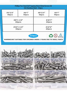 310pcs304不锈钢GB845#6~#12十字盘头自攻螺丝自攻钉盒装