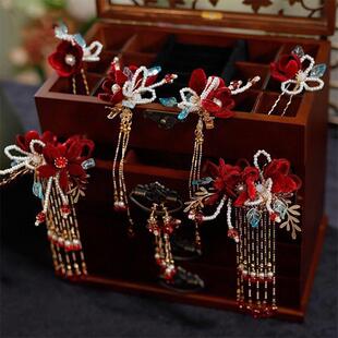 配饰品 大气秀禾服发饰红色绒花结婚敬酒服套装 新中式 新娘头饰古装