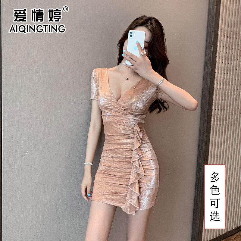 夜场连衣裙v领性感连衣裙显瘦包臀气质小裙子低胸夜总会上班衣服