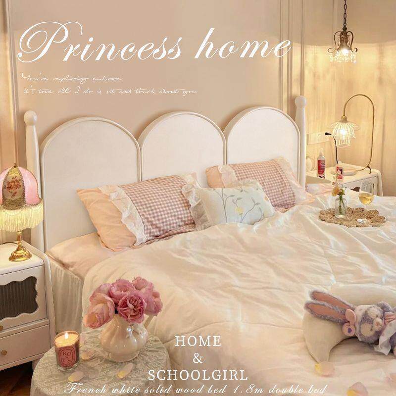 奶油8床风法式古风木床复古床头公主简约美式双人床现代白色客厅