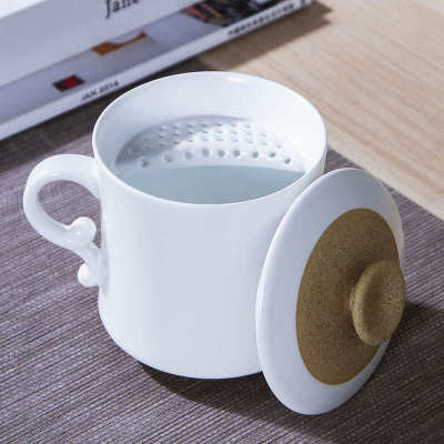 九楼阁景德镇亚光陶瓷手绘茶杯有手柄月牙过滤办公杯带盖