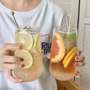 家用大容量牛奶早餐杯 竖纹透明玻璃果汁杯 简约高硼硅玻璃单层杯