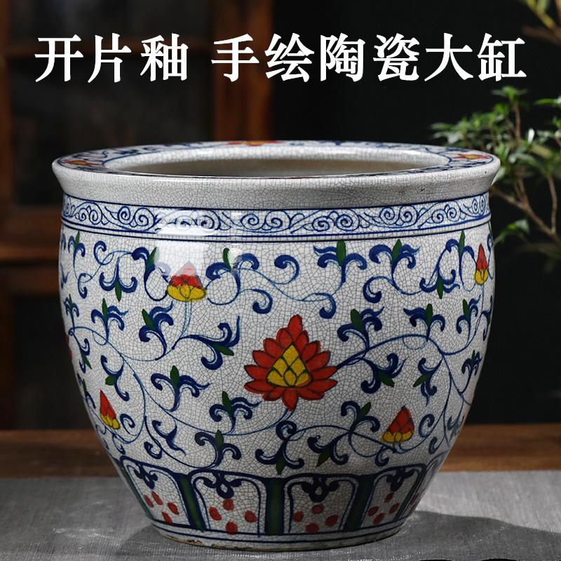 手绘陶瓷大缸睡莲荷花盆栽大号土培植物花盆鱼缸书画缸庭院摆件