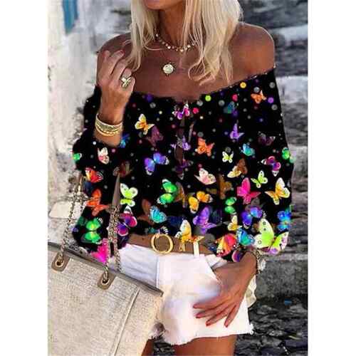 One collar printed long sleeved shirt 一字领印花长袖子衫