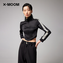 商场同款X--MOOM春秋美式短版两侧拼运动条立领小外套女