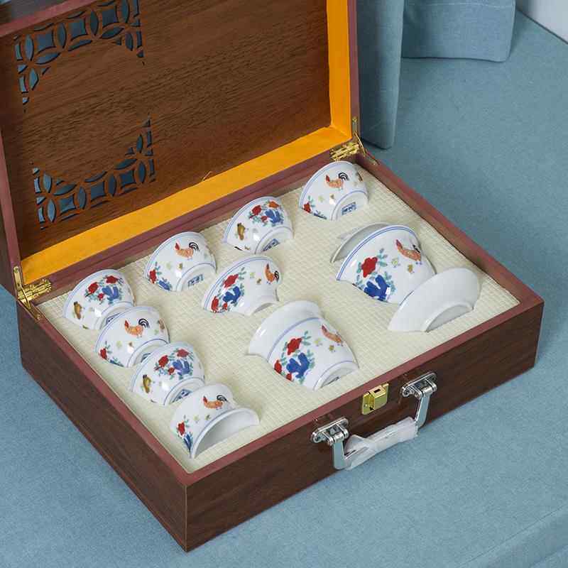高档青杯花整套斗彩鸡缸礼品功茶具主杯套装盖碗仿古茶壶夫茶人杯