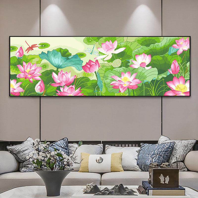 红荷印日十字绣2024新款线绣客厅新中式简约现代荷花自己手工刺绣