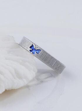 2026蓝色蝴蝶戒指男女款潮轻奢素圈食指戒个性拉丝碎冰蓝蝶开口指