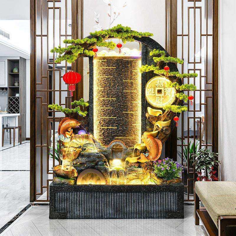 新中式招财进宝落地摆件水幕墙循环水酒店办公室玄关屏风隔断装饰