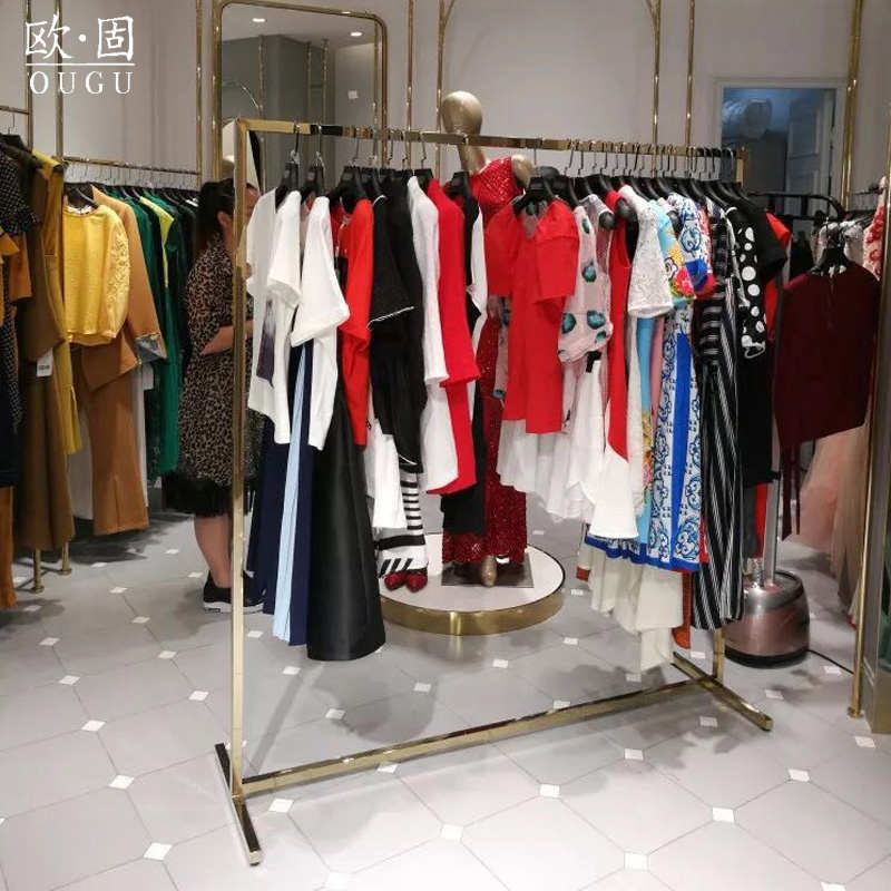服装店衣服展示架简约单杠亮金色不锈钢定制落地式中岛陈列架货架