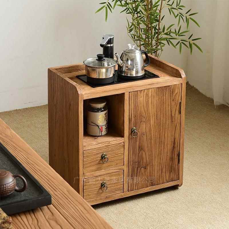 新中式老榆木茶水柜阳台禅意烧水茶台小型可移动水桶收纳柜餐边柜