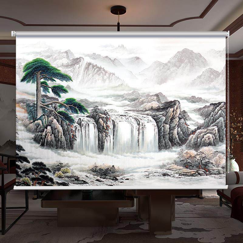 制中式山水画 SS-2画帘窗办卷公室客厅阳台风景画 画全遮帘光手拉