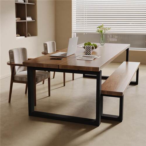 【折扣价】莫比恩大长书桌客厅家用胡桃木色金属电脑桌实木铁艺办