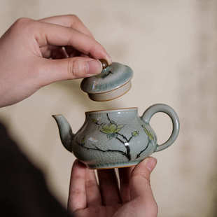 冰片釉陶瓷茶壶单个纯手绘开片家用手工壶可养功夫茶具小号泡茶器