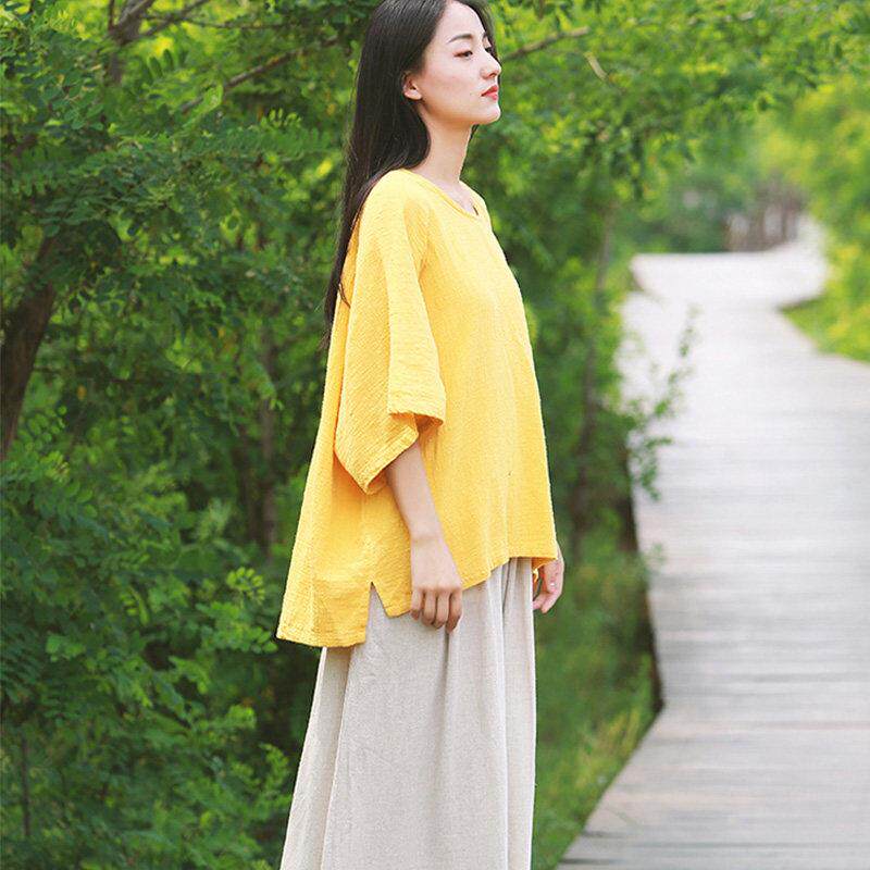 禅意女装中国风小个子棉麻本色布衣中式女装宽松套头小衫亚麻上衣