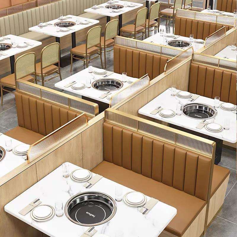 餐厅大理石烤肉火锅桌电磁炉一体饭店餐饮店靠墙卡座沙发桌椅组合