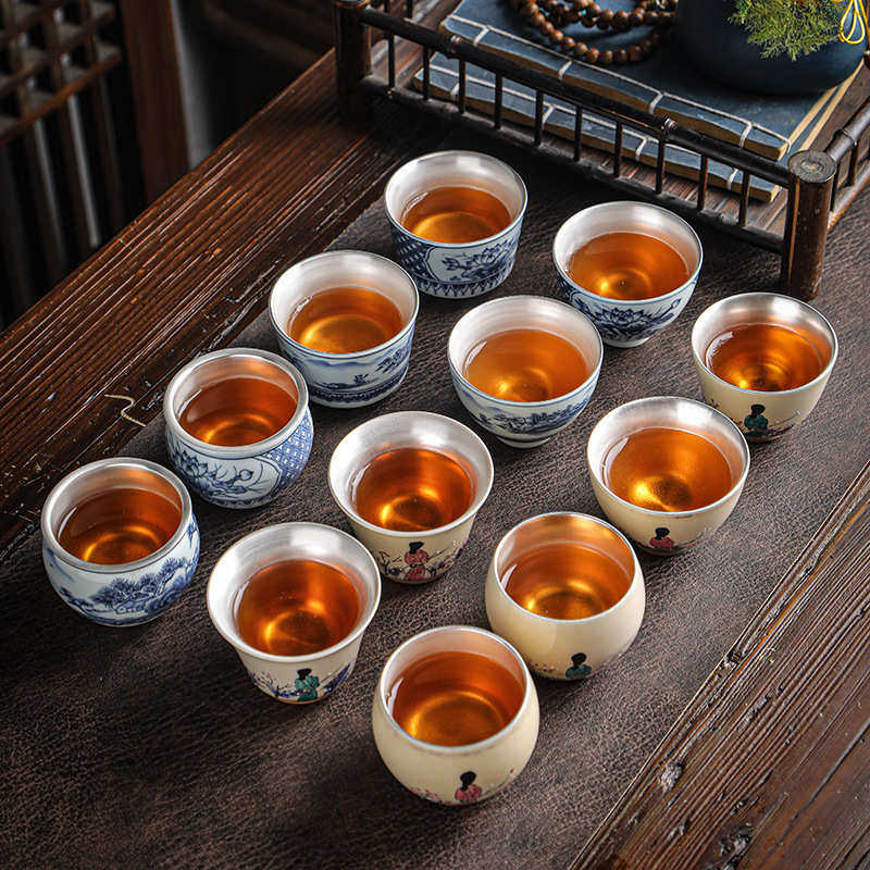 手绘青花瓷茶杯创意陶瓷水缸杯内胆鎏银主人杯单杯功夫茶碗品茗杯