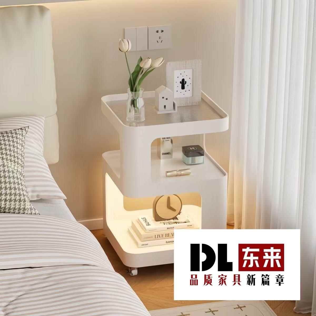 小型床头柜简约现代家用卧室床头置物架子带灯铁艺创意可移动边几