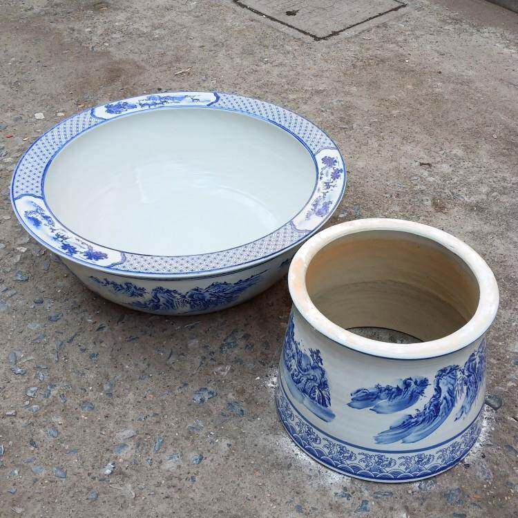 陶瓷鱼缸厂家青花山水釉下彩立柱式陶瓷鱼缸假山造景盆水培缸