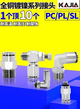 气动快速快插接头PC8-02气管直角弯头PL6-M5全铜镀镍节流阀SL4-01