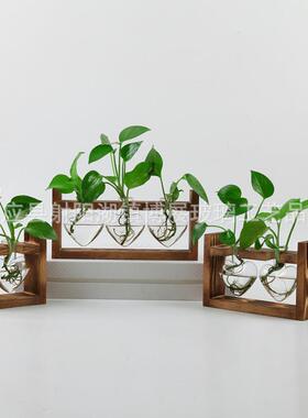 玻璃工艺品花瓶创意实木木架水培办公室家居装饰品桌面摆件手工