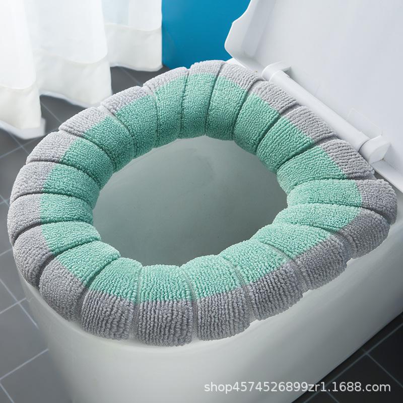 冬季家用保暖大号v型马桶圈撞色提手马桶坐垫毛绒针织坐便套可洗