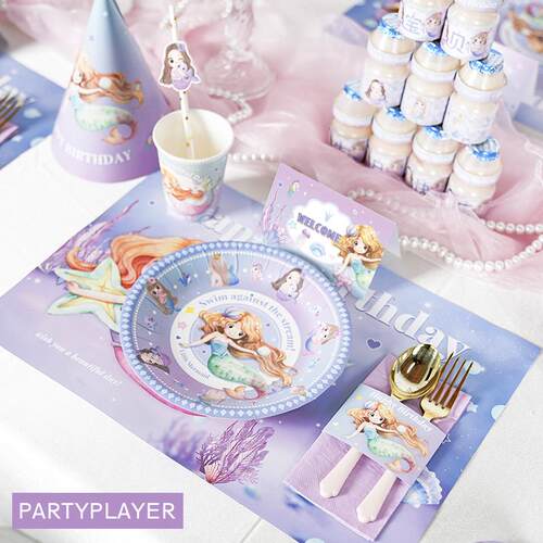 美人鱼主题生日布置公主派对用餐具纸盘气球帽子女孩周岁装饰素材
