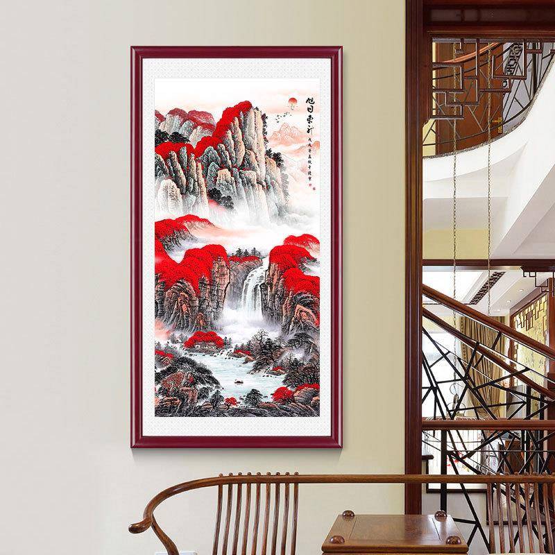 新款直销山水画竖版玄关挂画入户走廊装饰画旭日东升中堂客厅画风