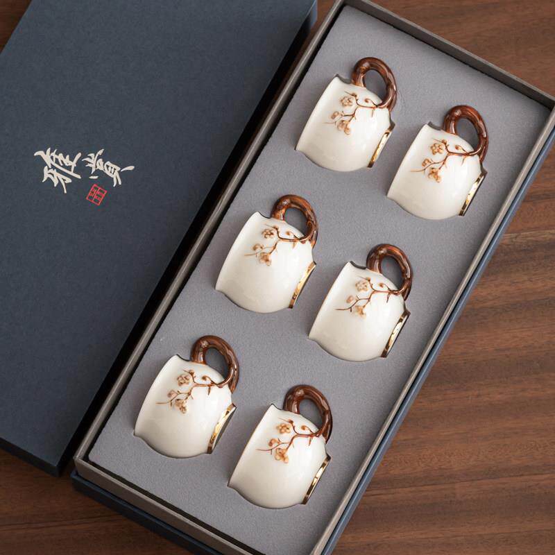 羊脂玉功夫茶具茶杯套装手绘梅花釉下彩白瓷品茗杯子带手把6祇装