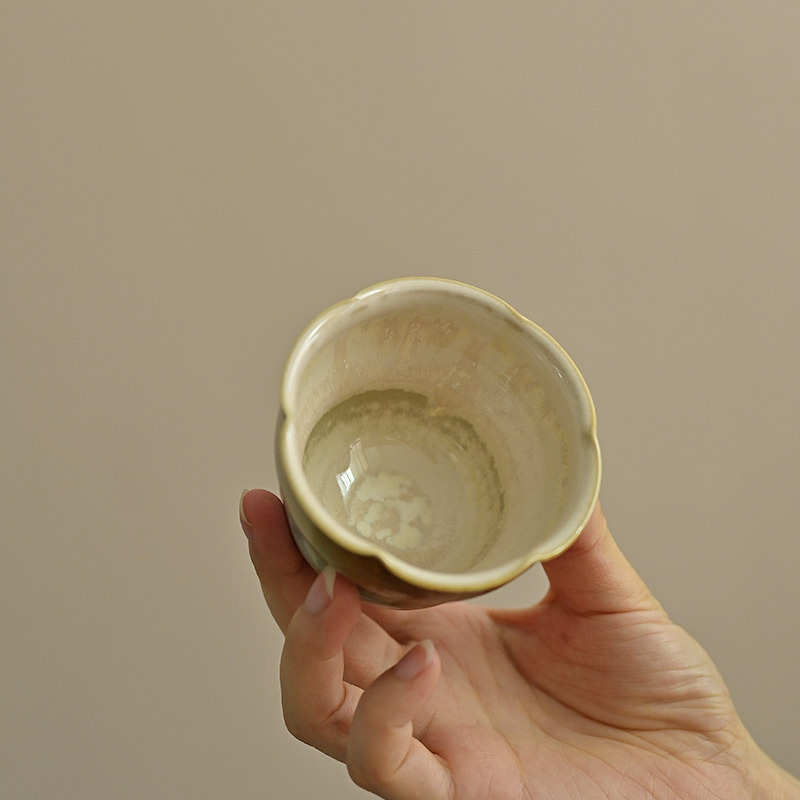 口高温窑变黄绿色坯景德镇茶杯杯手工杯葫芦拉主人釉陶瓷花复古