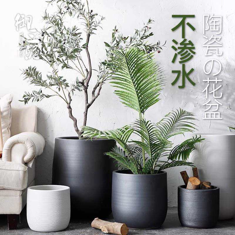 落地大花盆现代简约花瓶室内客厅植物橡皮树黑色大口径陶瓷装饰品