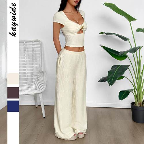Sports style short sleeved vest, wide leg pants set, autumn
