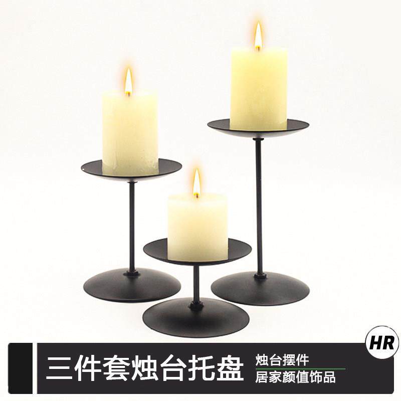 耶诞金属铁艺烛台哑光圆盘黑色覆古托 托盘蜡烛底座铁柱烛台圆形