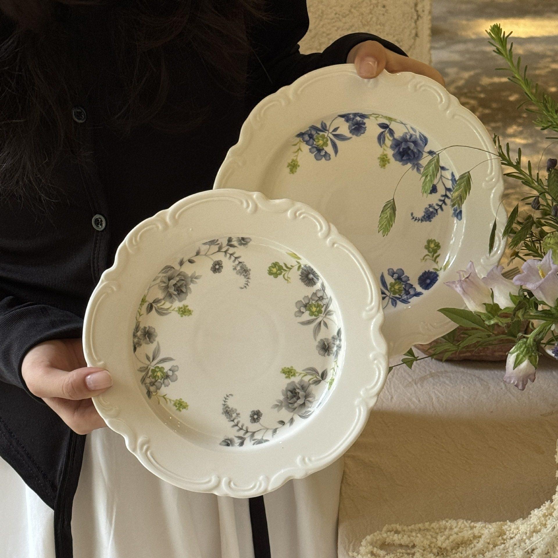 法式复古花边花卉浮雕陶瓷盘中古下午茶甜品盘子西餐家用盘子