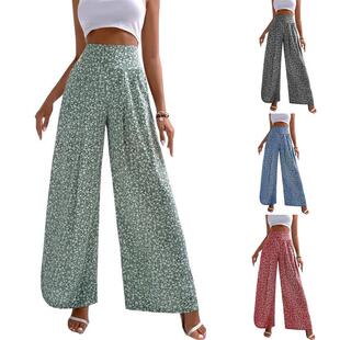 Women's All Over Print Shirred High Waist Wide Leg Pants