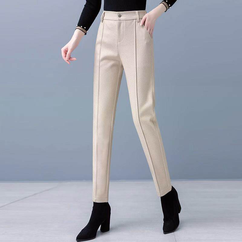 杏色毛呢西装裤女2025春秋新款高腰显瘦直筒九分休闲哈伦烟管裤子