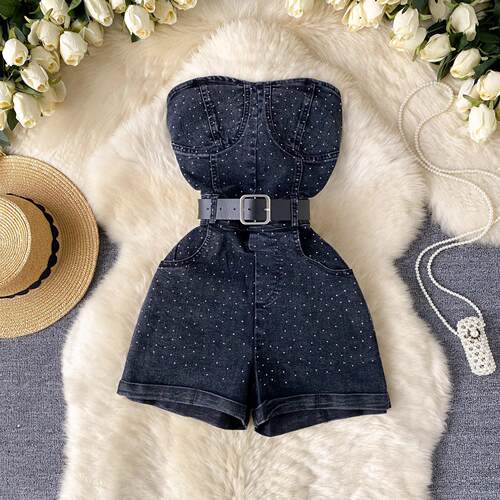 Women Denim one pieces Summer Fashion Drill High Waist Slim