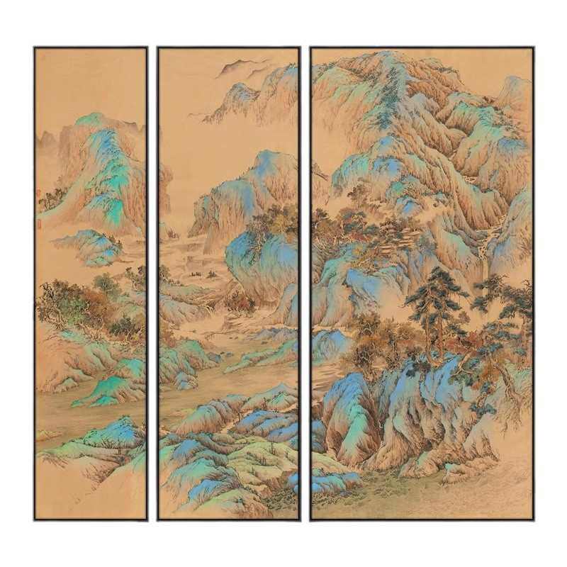 新装饰画走廊》中式体大幅联立多江山《高端过道玄关风景青绿挂画