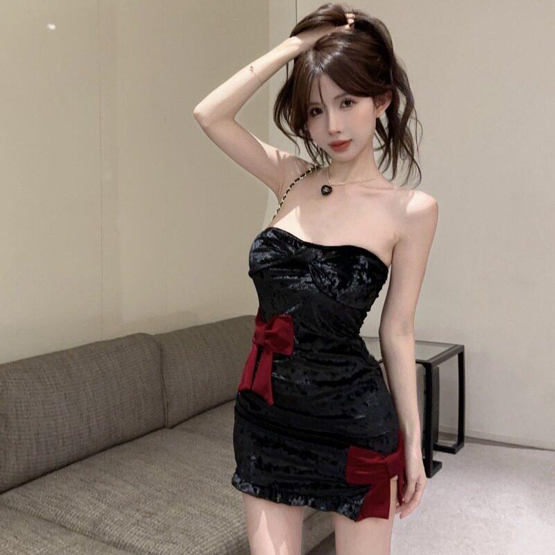 生日小礼裙女夜场酒吧蹦迪辣妹甜美蝴蝶结性感抹胸洋装子