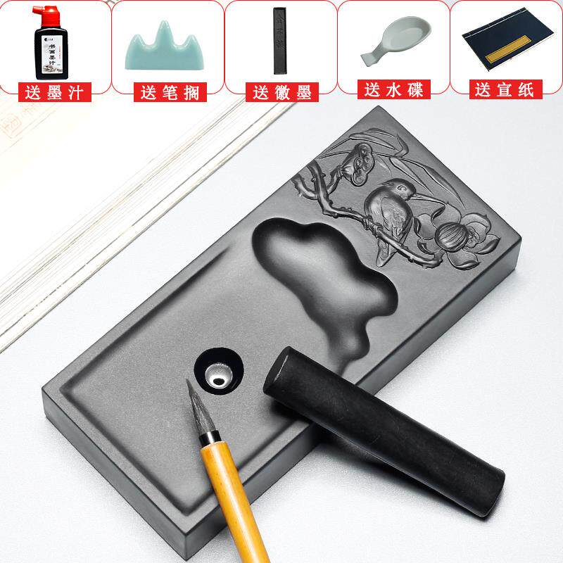 正品万石君 歙砚镇尺精品龙尾原石多功能砚台毛笔方笔研墨磨墨端